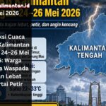 Prediksi cuaca BMKG Kalimantan Tengah 24–26 Mei 2026: waspada hujan lebat, petir, angin kencang, dan potensi genangan.