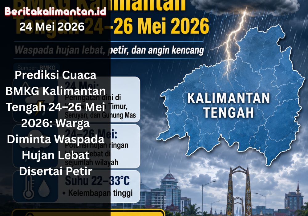Prediksi cuaca BMKG Kalimantan Tengah 24–26 Mei 2026: waspada hujan lebat, petir, angin kencang, dan potensi genangan.