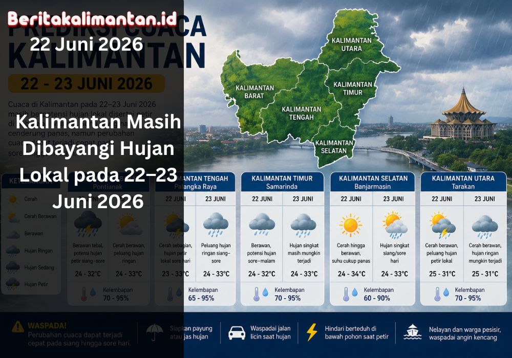 Prediksi cuaca Kalimantan 22–23 Juni 2026 menunjukkan potensi hujan lokal, petir, dan cuaca panas di sejumlah wilayah.