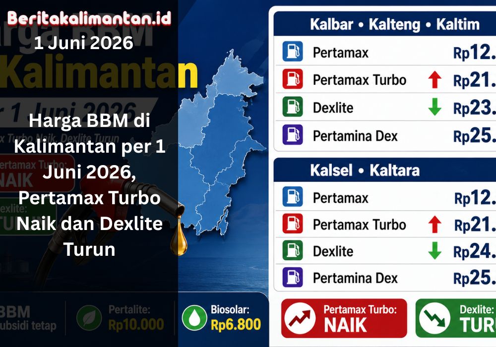 Harga BBM Kalimantan per 1 Juni 2026 berubah, Pertamax Turbo naik sementara Dexlite dan Pertamina Dex turun di sejumlah wilayah.