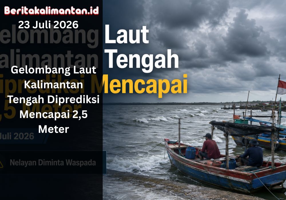 BMKG memperingatkan gelombang laut hingga 2,5 meter di sejumlah perairan Kalimantan Tengah pada 23–26 Juli 2026. Nelayan diminta waspada.