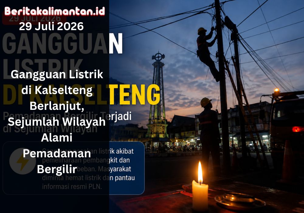 Gangguan listrik melanda sejumlah wilayah Kalselteng pada 29 Juli 2026. Pemadaman bergilir terjadi akibat gangguan pembangkit dan pengaturan beban.