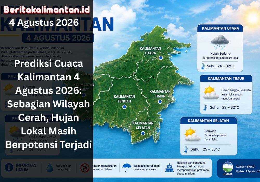 Prediksi cuaca Kalimantan 4 Agustus 2026 didominasi cerah berawan, dengan potensi hujan lokal di Kalbar, Kalteng, dan Kaltara.